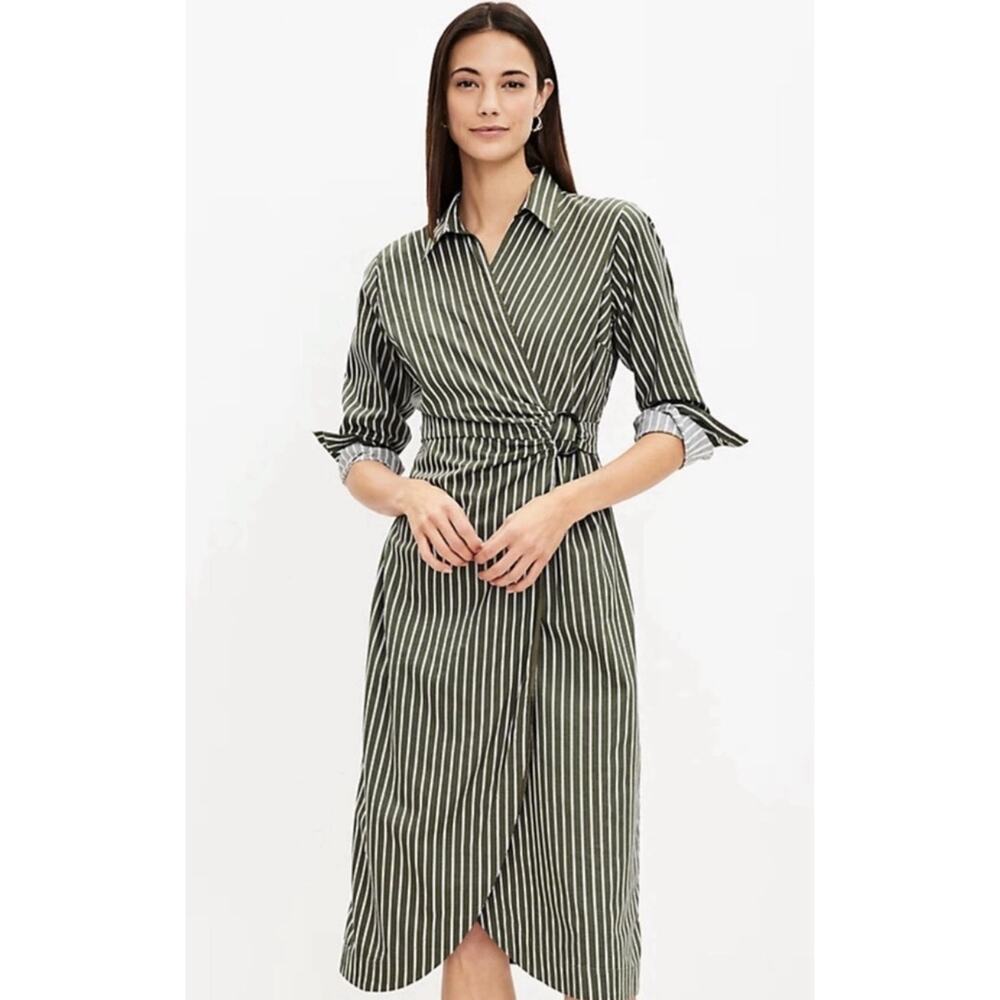 LOFT Striped Wrap Midi Shirtdress 6 petite Capsule Wardrobe Workwear career NWT